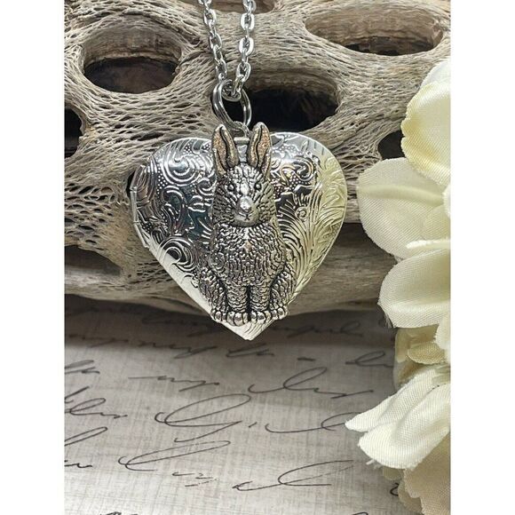 Heart SILVER BUNNY RABBIT Locket Necklace JEWELRY Pendant PHOTO Picture CAMEO - Picture 2 of 12